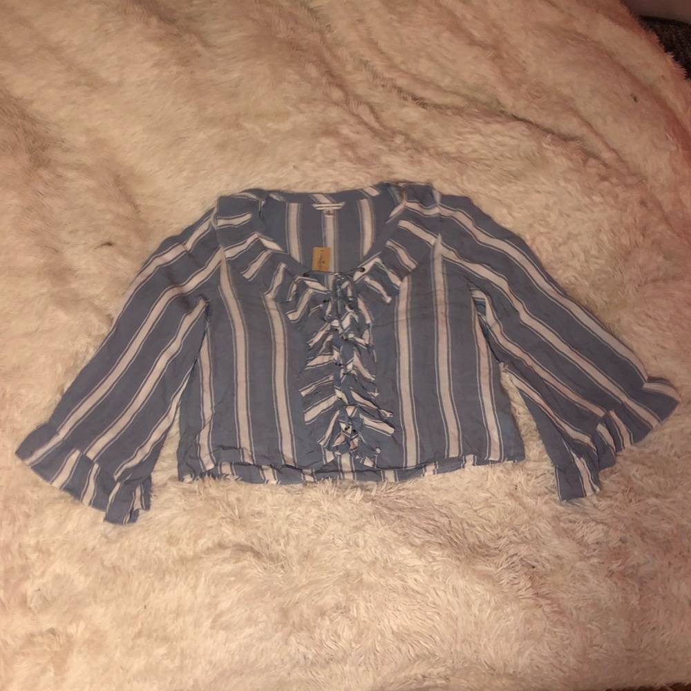 Striped Ruffle Front Tie Blouse New With Tags